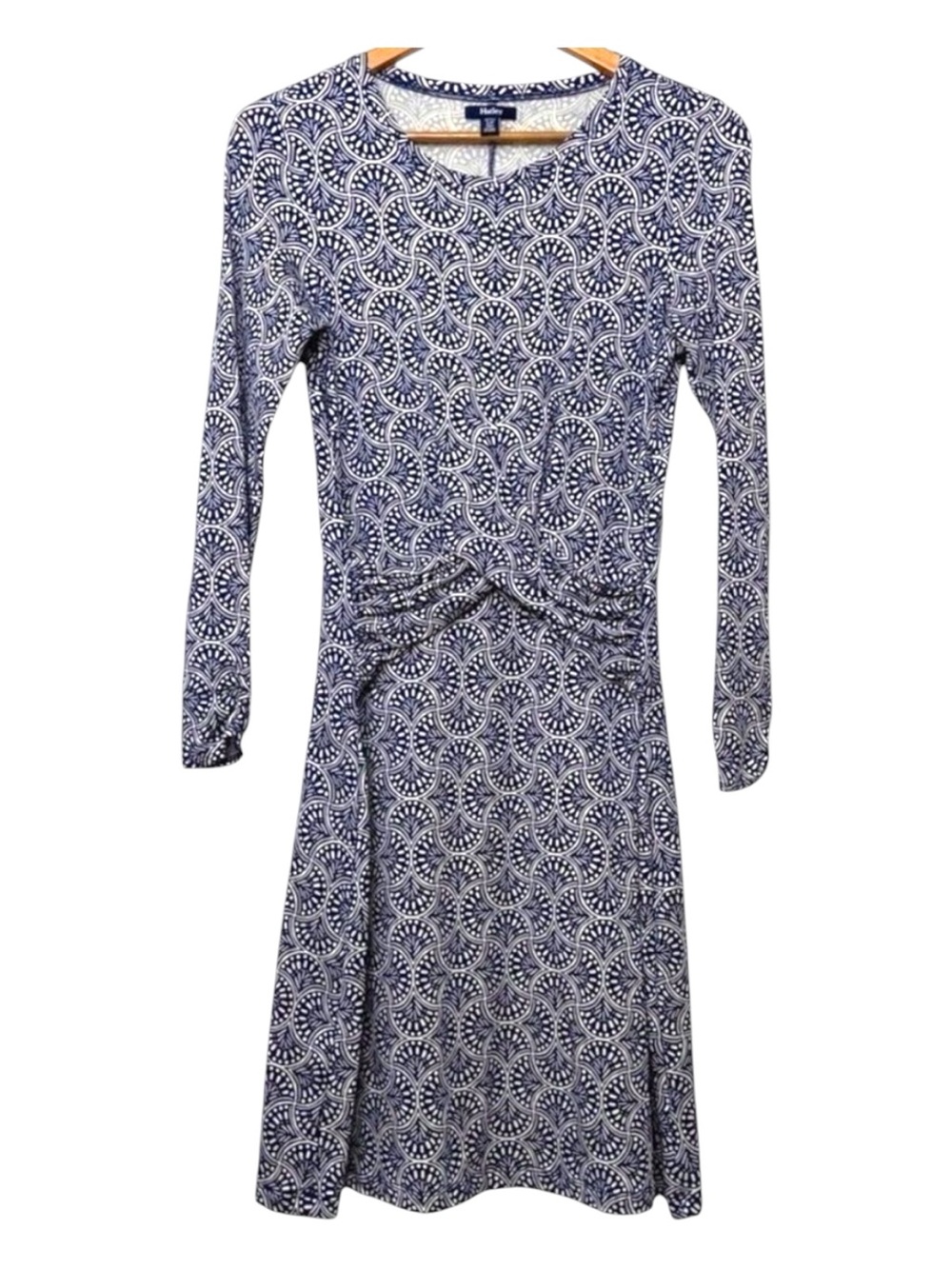 Hatley jersey cotton blend dress draped long sleeves white & navy blue small